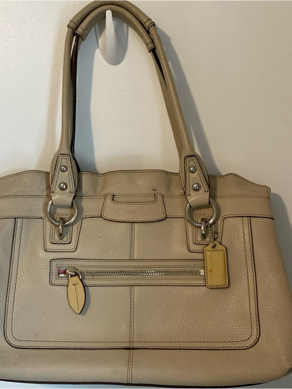 Coach Penelope Beige/Tan Leather Shopper with Front Zip Pocket Ruffle Top